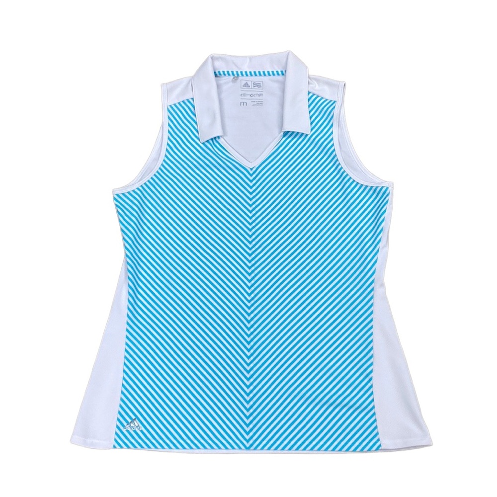 Adidas Golf Polo Climachill Sleeveless Top, White with Blue Stripes